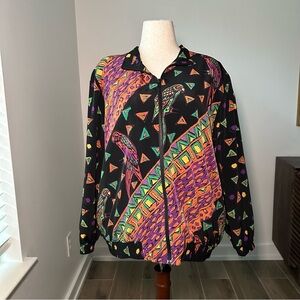 90s Vintage Stephanie Thomas Black Multicolor Geometric Bird-Print Bomber Jacket